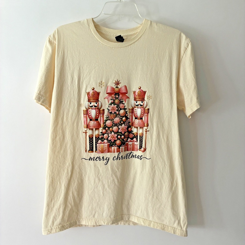 Gildan's Women's Medium Beige Softshell T-Shirt Pink Nutcrackers Merry Christmas